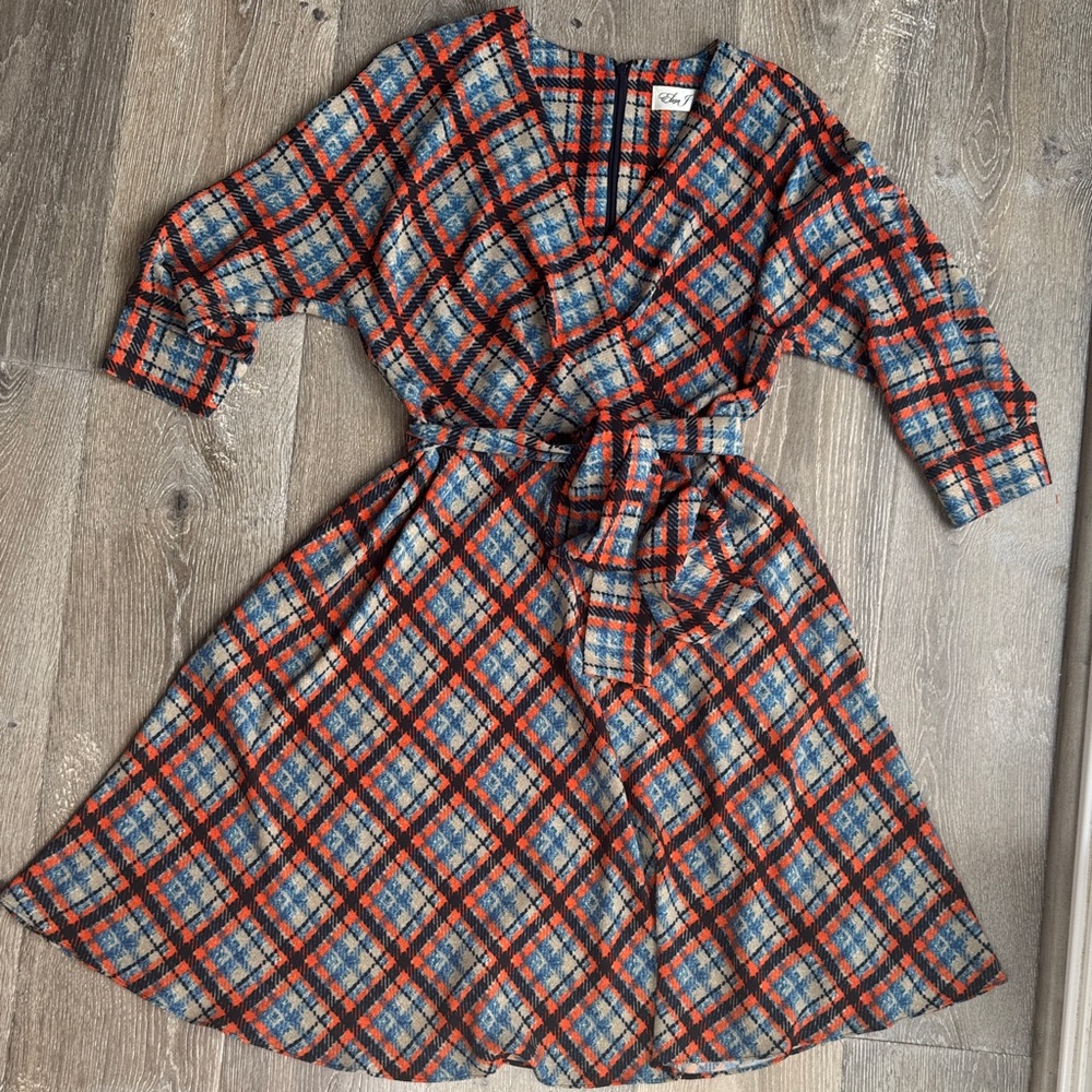 Eliza J Orange and Blue Plaid Dress AS093